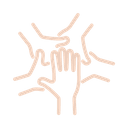 Four connected hands forming a teamwork symbol