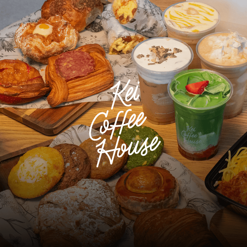 Kei Coffee House logo overlaid a spread from Kei Coffee House featuring assorted cookies, strawberry matcha, toffee latte, pastries including pâté chaud, and signature baked treats like the cheese corn cookie arranged on wooden trays and tables.